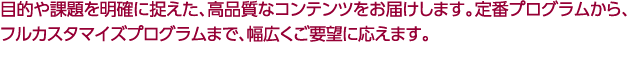 目的や課題を明確に捉えた、高品質なコンテンツをお届けします。定番プログラムから、フルカスタマイズプログラムまで、幅広くご要望に応えます。